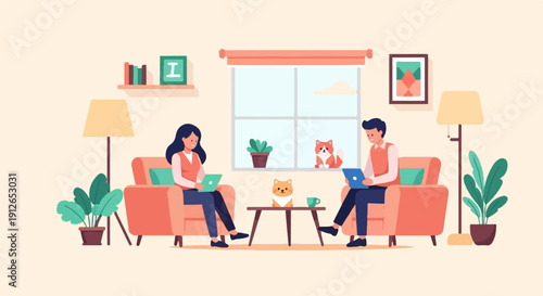 Two people relaxing in armchairs with laptops and pets nearby