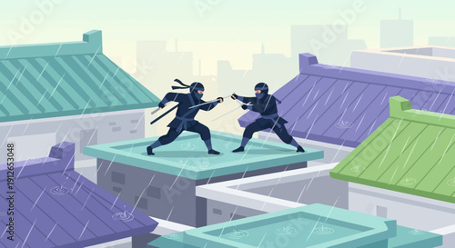 Two ninjas duel on rooftops amid a pixelated downpour with distinct rain rings