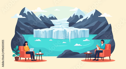 Two people relaxing in armchairs, one with a laptop, the other with a dog, beside a glacial landscape