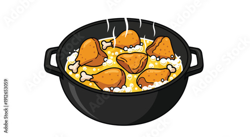 Steaming chicken pieces simmering in a rich broth inside a black cooking pot, creating a heartwarming meal illustration