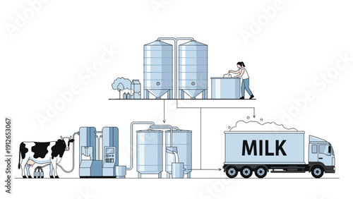 Detailed flowchart illustrating the modern milk production process, from cow milking and processing in silos to packaging and delivery by truck.