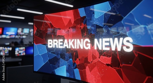 A large screen displays breaking news in a newsroom with multiple monitors in the background