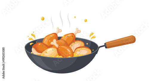 Delicious golden brown chicken pieces cooking in a steaming hot pan, a vibrant culinary illustration