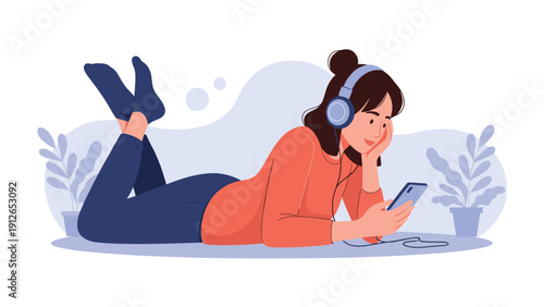 Young woman comfortably lying on her stomach, wearing headphones and happily engaged with her smartphone, enjoying music or digital content.