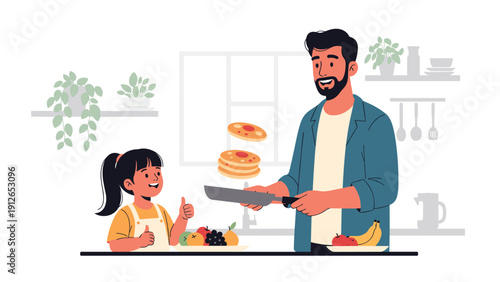 Happy father skillfully flipping pancakes while his cheerful daughter gives a thumbs up in a bright kitchen, with fresh fruit nearby.