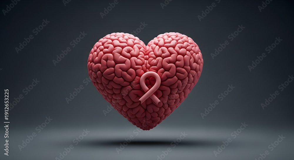 Obraz premium A stylized heart shape formed from a human brain is adorned with a pink ribbon.