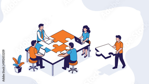 Collaborative business team working together to assemble a giant puzzle as a meeting table, symbolizing teamwork, problem-solving, and unity.