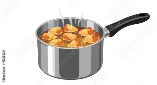 Illustrative depiction of golden brown food items gently simmering in a rich, flavorful sauce within a sleek, metallic saucepan, radiating culinary