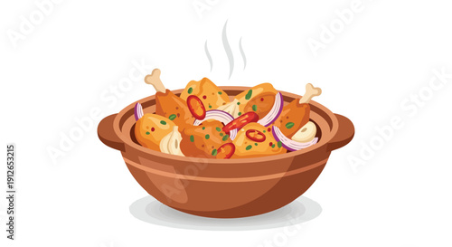 Deliciously prepared spiced chicken dish simmering in a rustic clay pot, generously garnished with fresh red onions and fiery chili peppers, ready