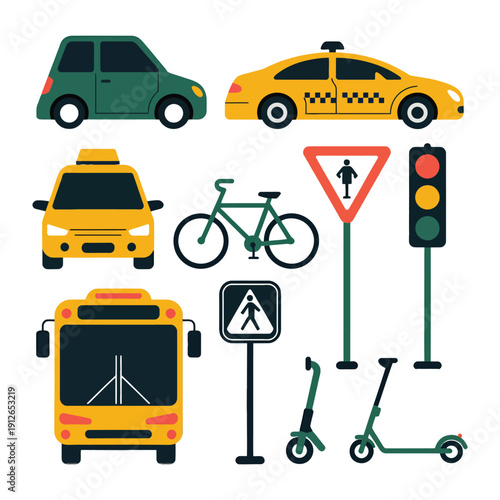 Urban Mobility Illustration: A vibrant collection of urban transportation elements comes together in a seamless illustration. Featuring a diverse range of vehicles and road signs.