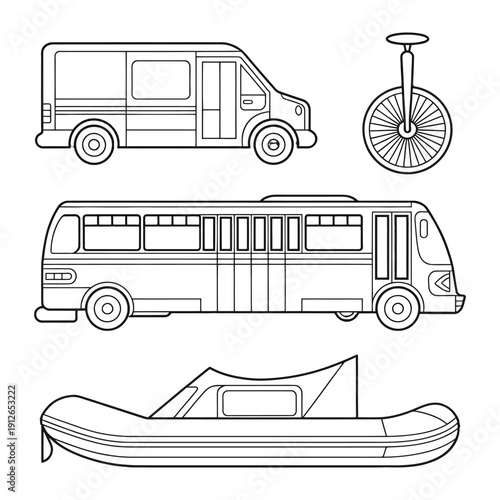 Vehicles on the Go: A collection of various vehicles illustrated in monochrome. Includes a van, unicycle, bus, and inflatable boat.