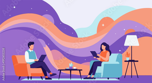 Two people relaxing in colorful abstract landscape, working remotely
