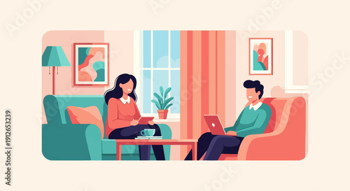 Two people relaxing in comfortable armchairs, one on a laptop, the other with a tablet