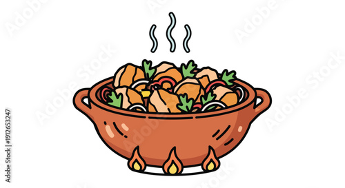 A vibrant cartoon depiction of a rustic stew bubbling in a traditional clay pot, adorned with fresh garnishes and emitting warm inviting steam,