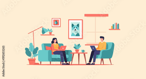 Two people relaxing in comfortable chairs, each using a laptop, in a stylized living room
