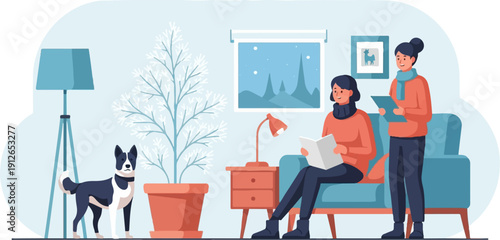 Two people relaxing indoors with a dog and a plant