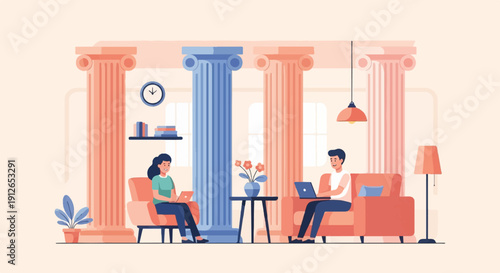 Two people working on laptops in a home setting with architectural columns