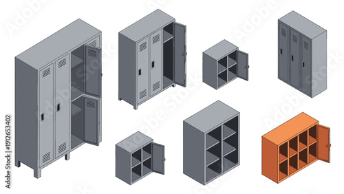 Extensive isometric collection of various metal lockers and storage cabinets with open and closed doors, suitable for schools or gyms.