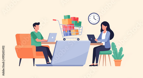 Two people shop online with a full shopping cart and laptops nearby