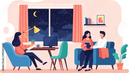 Two people are working and relaxing inside a cozy room at night