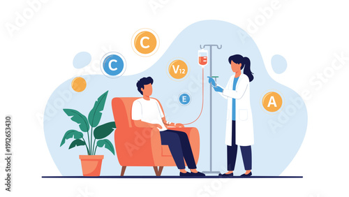 Patient receiving an intravenous vitamin drip administered by a medical professional, with floating vitamin symbols, representing health treatment and wellness.