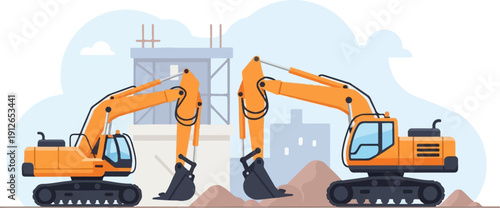 Two orange excavators are working on a construction site