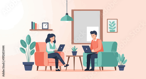 Two people working on laptops in a cozy living room with plants