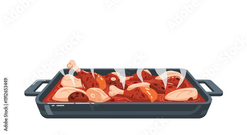 A vibrant chicken and vegetable dish simmering in a robust red sauce within a black baking pan, offering a hearty meal.