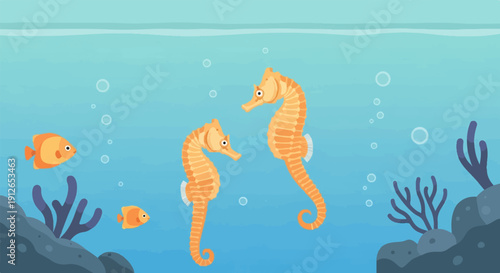 Two orange seahorses swim with small fish in a blue ocean