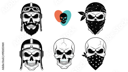 Diverse collection of stylized skull illustrations, some featuring biker helmets, beards, or bandanas, reflecting different subcultures and styles.
