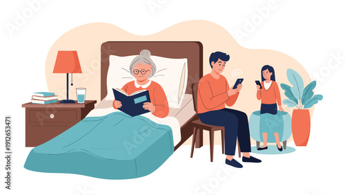 Elderly woman peacefully reading a book in bed while a young man and girl are engrossed in their smartphones, illustrating generational differences and modern family dynamics.