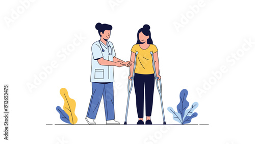 Compassionate nurse or physical therapist assisting a woman with crutches, symbolizing rehabilitation, support, and recovery in healthcare.