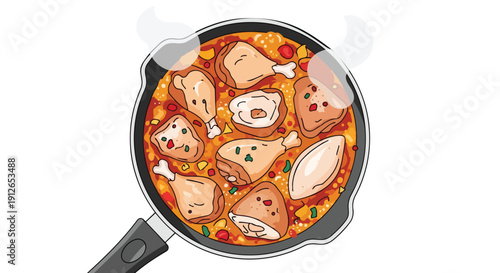 Delicious chicken pieces simmering in a flavorful sauce in a black frying pan with visible steam rising