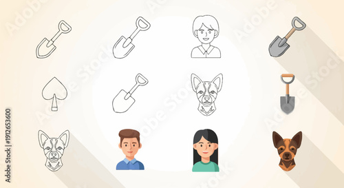 Various icons featuring spades, dog faces, and people in cartoon style