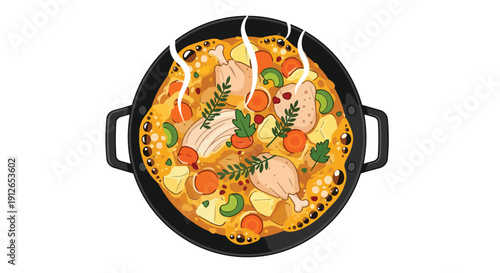 Chicken and vegetable stew in a pot, hot and steaming, with tender chicken pieces, vibrant carrots, diced potatoes, fresh green garnishes, a