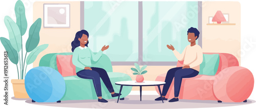 Two people converse comfortably in a brightly lit living room with soft furnishings