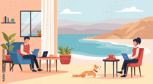 Two people working on laptops by the beach with a dog