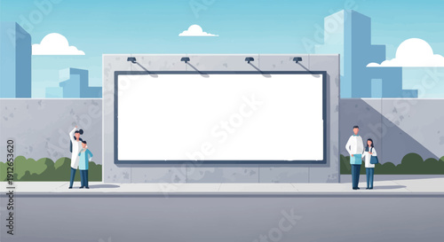 Two pairs of people stand on a sidewalk in front of a blank billboard