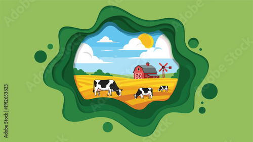Picturesque paper cut farm scene showcasing cows grazing in lush green fields, a traditional barn, and a windmill under a sunny blue sky.