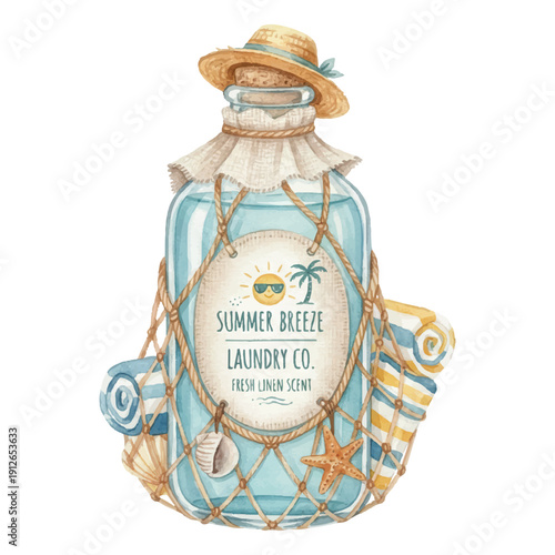 Summer Laundry Detergent Bottle Watercolor Illustration Isolated on White Background
