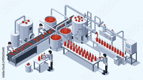 Complex isometric illustration of a tomato processing and bottling factory production line, with workers overseeing each stage of food manufacturing.