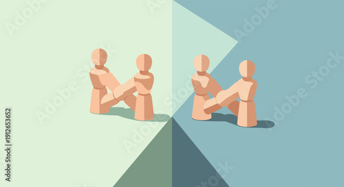 Two pairs of wooden figures in a mirrored scene against geometric backgrounds
