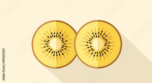 Two stylized slices of golden kiwi fruit presented side-by-side with shadows