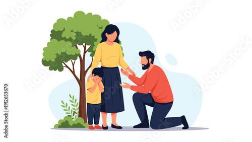 Worried child standing between an adult woman and a man kneeling, seemingly in an act of apology or comfort under a leafy tree.