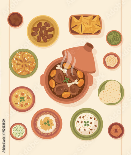 Top View of Ramadan Iftar Food Table with Tagine Dates Soup and Samosas in Flat Vector Style.
Traditional Ramadan Iftar Meal with Tagine and Middle Eastern Dishes.