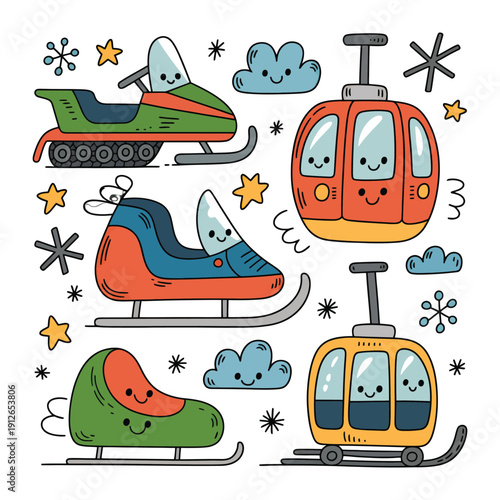 Whimsical Winter Transport: A delightful collection of playful snow vehicles, each with its own cheerful expression, promising fun and adventure in a winter wonderland.