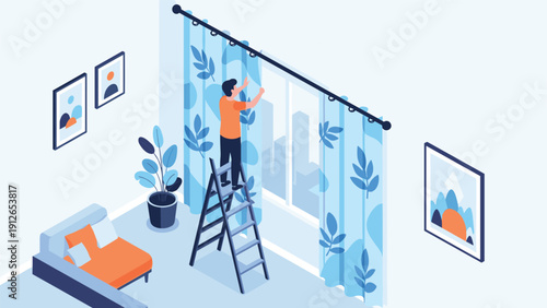 Man standing on a ladder and diligently hanging new curtains with a leaf pattern in a cozy, tastefully decorated bedroom.