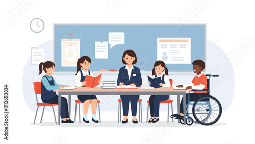 Diverse group of young students and their teacher learning together around a table in a classroom, including a student in a wheelchair.