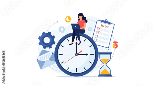 Woman efficiently managing her time by working on a laptop while sitting on a large clock, surrounded by time management elements.