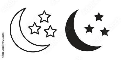 Moon icon in black line style set. logotype designs